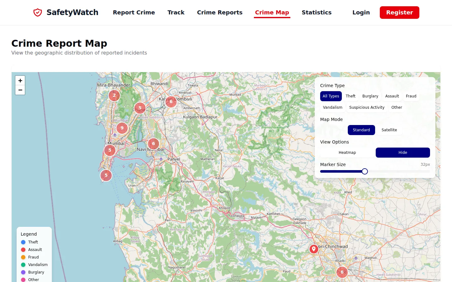 Crime map centred on Mumbai with clustered report markers, crime type filters, a standard/satellite switch and a heatmap toggle