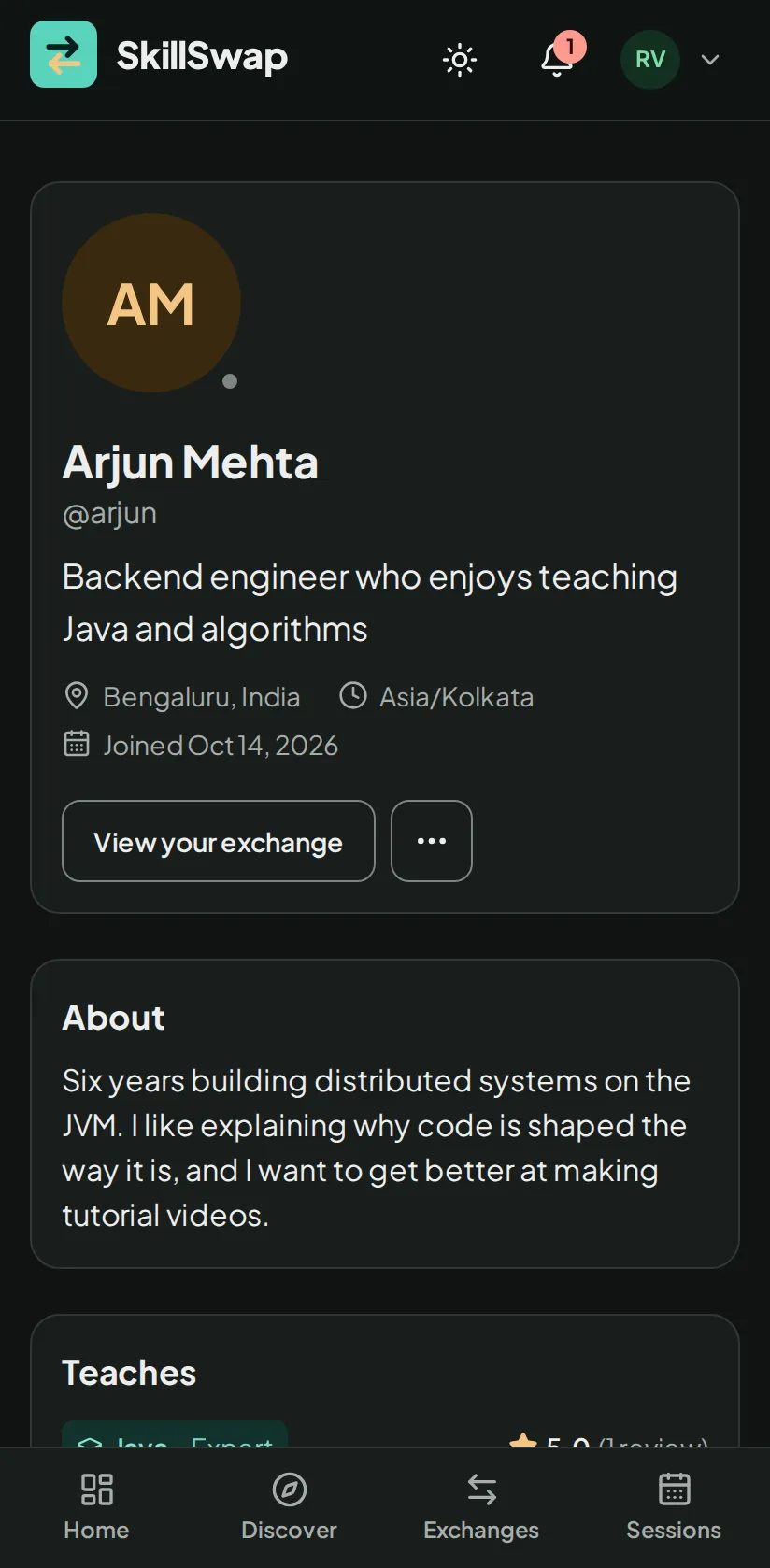 Member profile on a phone in dark mode, with the bottom tab bar