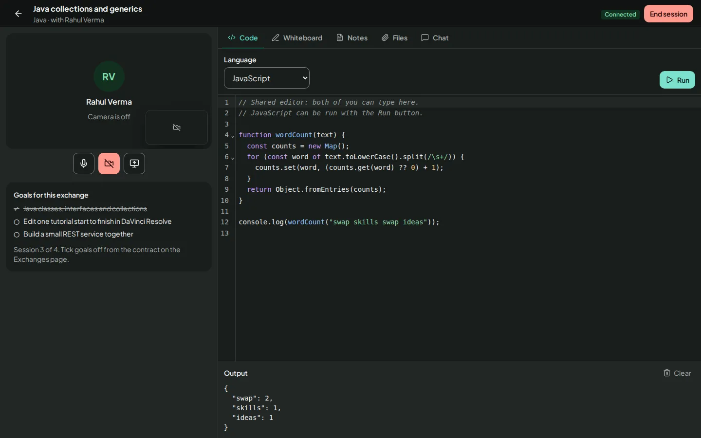 Learning room in dark mode with the call panel, the exchange goals and the shared code editor showing program output