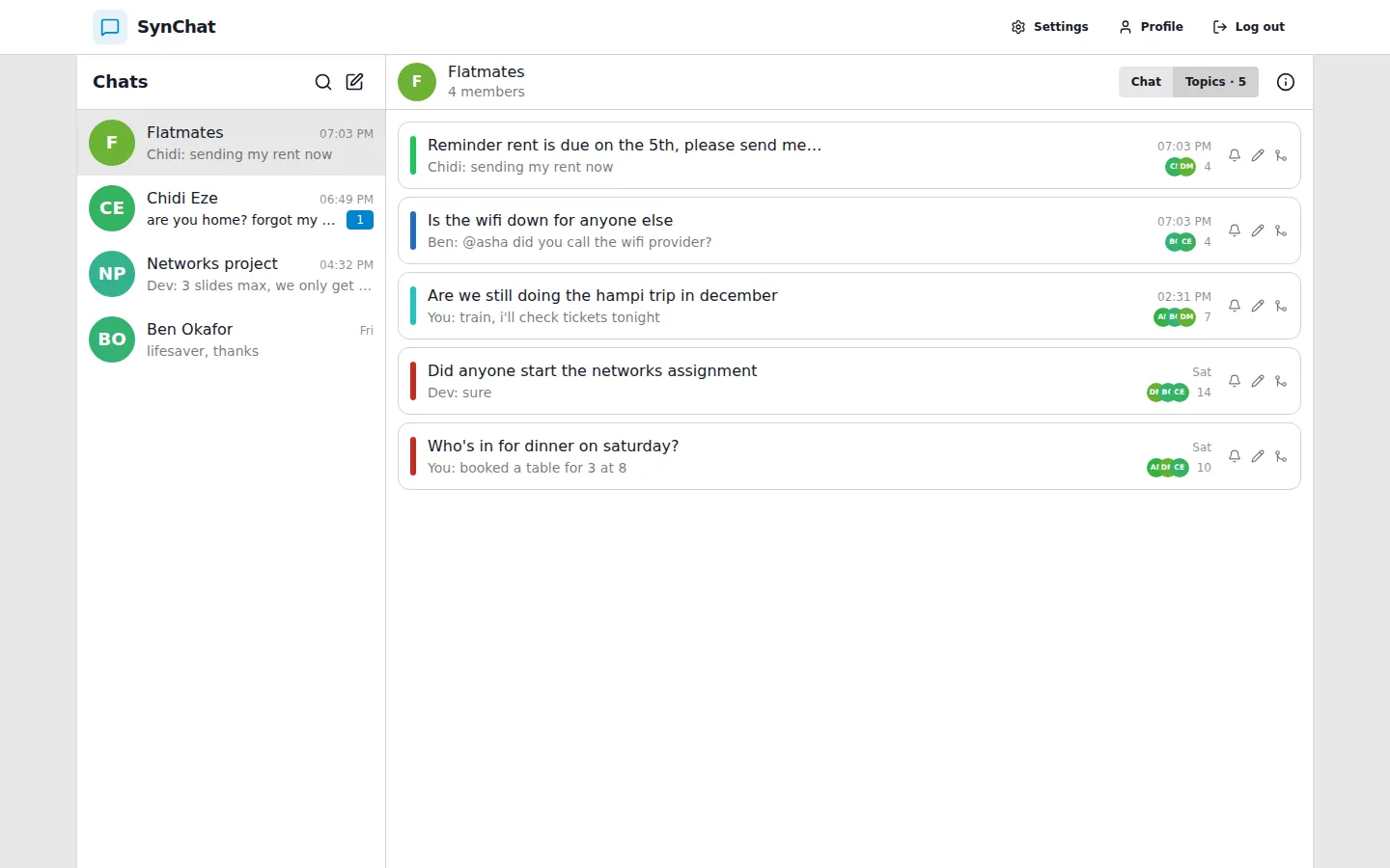 The Topics view of a group chat: five topic lanes, each with its title, latest message, participants, message count, and mute, rename and merge buttons